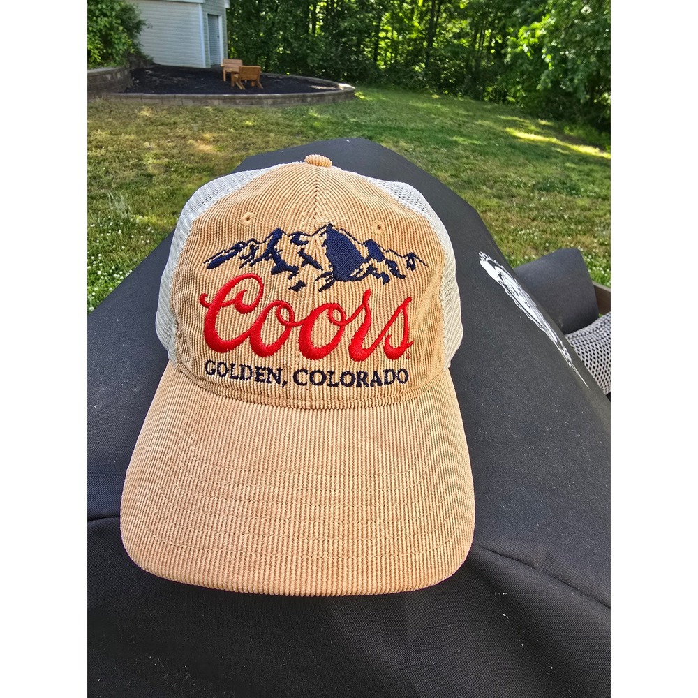 Coors Banquet Beer Trucker Hat Mad Engine Corduroy Snapback Tan White Mesh Cap